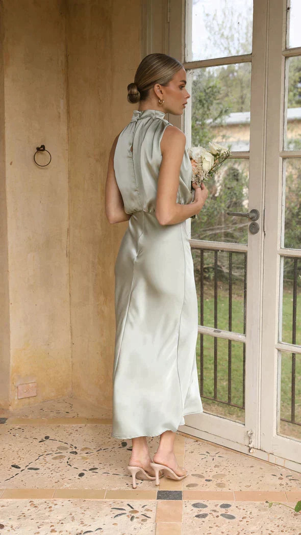 Satin Halter High Neck Cowl Blouson Bias Cut Midi Dress - View 4
