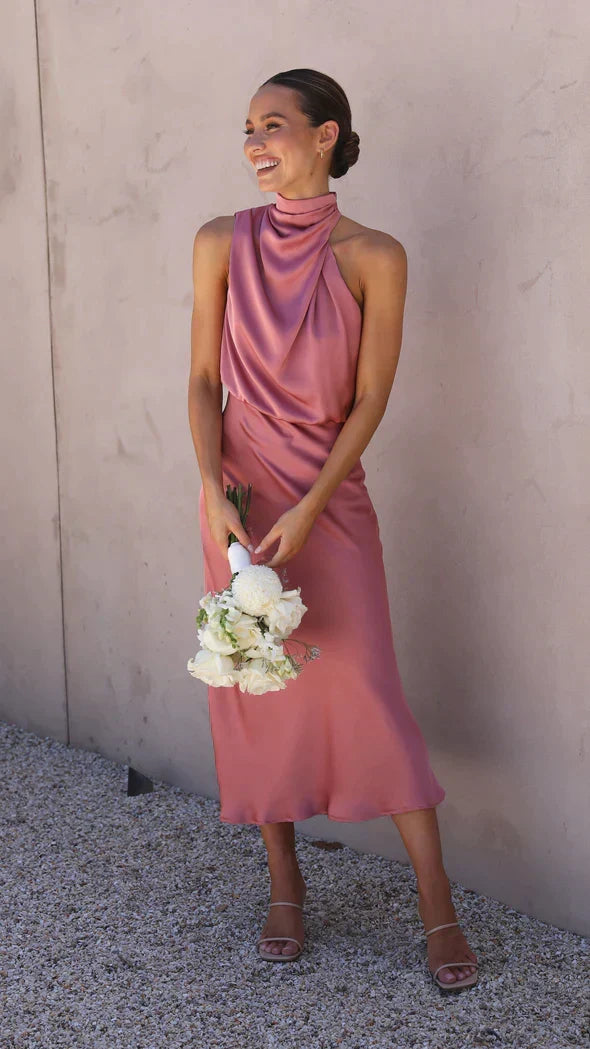 Satin Halter High Neck Cowl Blouson Bias Cut Midi Dress - View 7