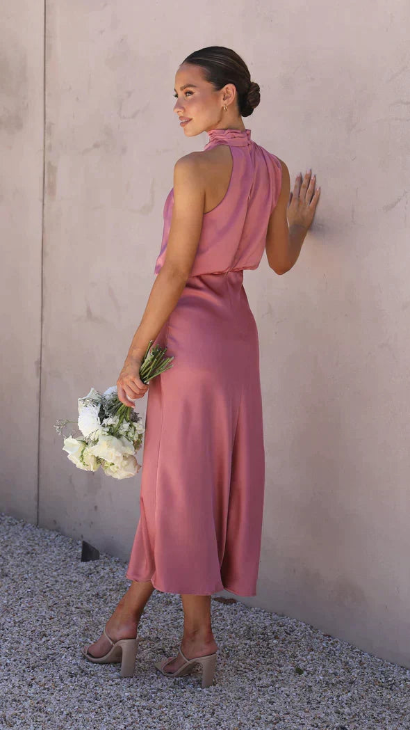 Satin Halter High Neck Cowl Blouson Bias Cut Midi Dress - View 8