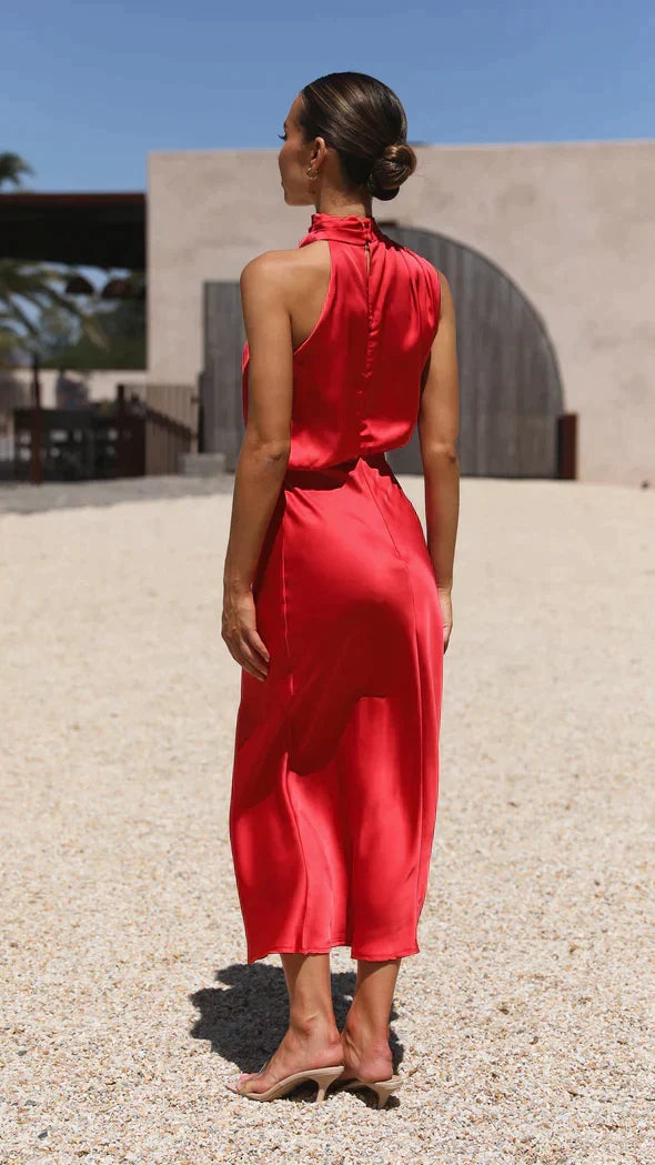 Satin Halter High Neck Cowl Blouson Bias Cut Midi Dress - View 10