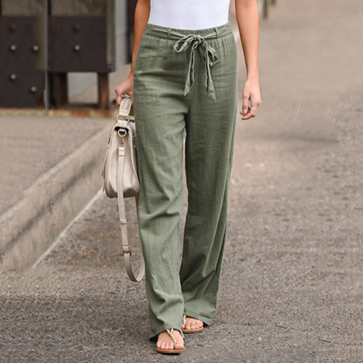 Tie Waist High Waist Wide Leg Linen Look Pants 2