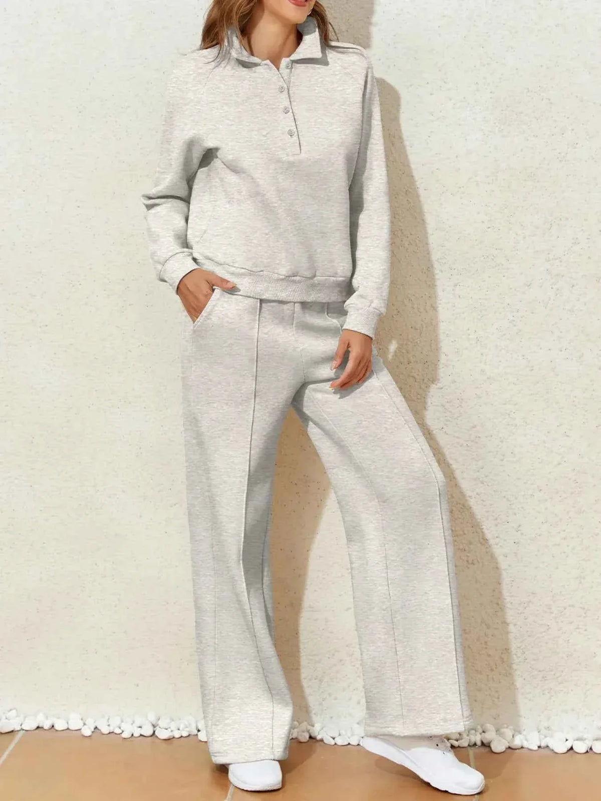 Collared Sweatshirt and High Waist Pants Active Set