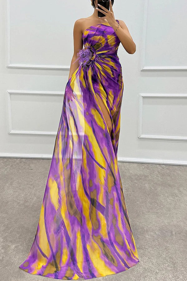 Renee Off Shoulder Watercolor Feather Maxi Dress - View 15
