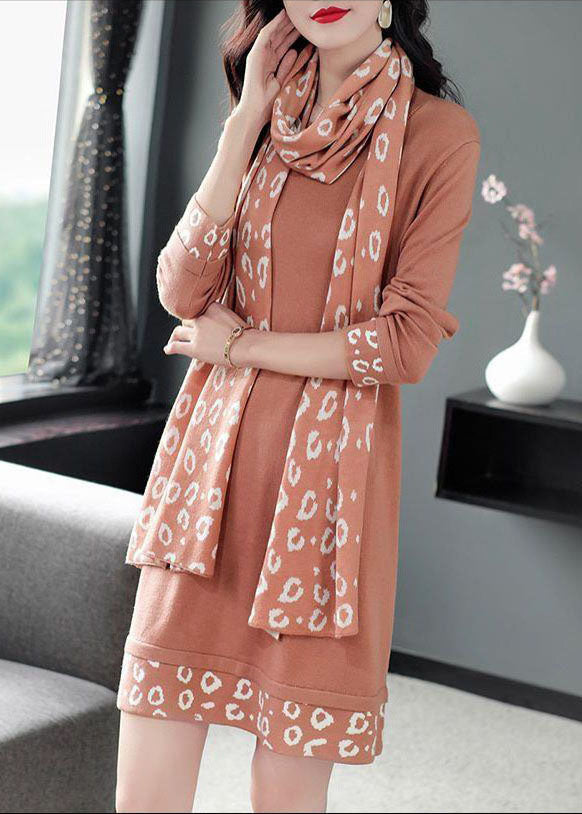 Animal Print Cuff Hem Long Sleeve Knit Dress Scarf Set - View 4