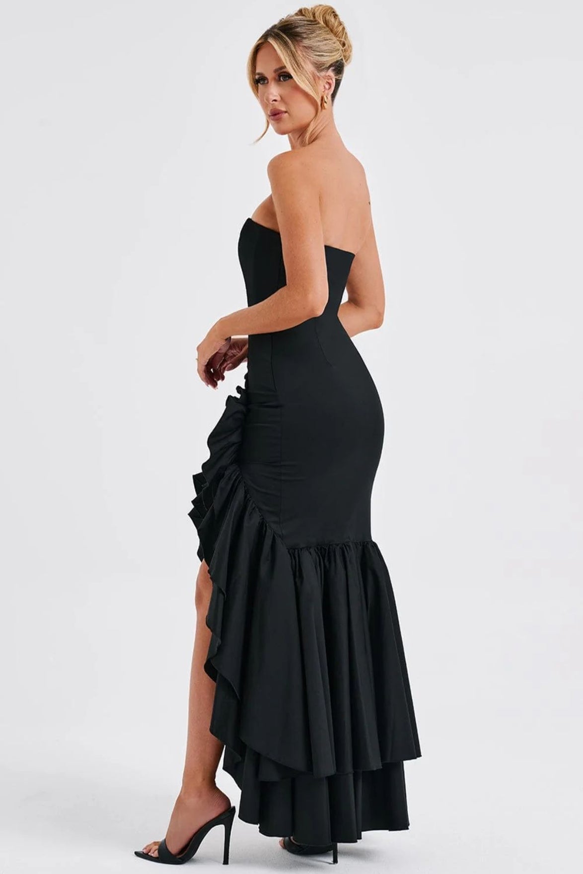Strapless High Split Ruffle Slim Mermaid Maxi Prom Dress - View 16