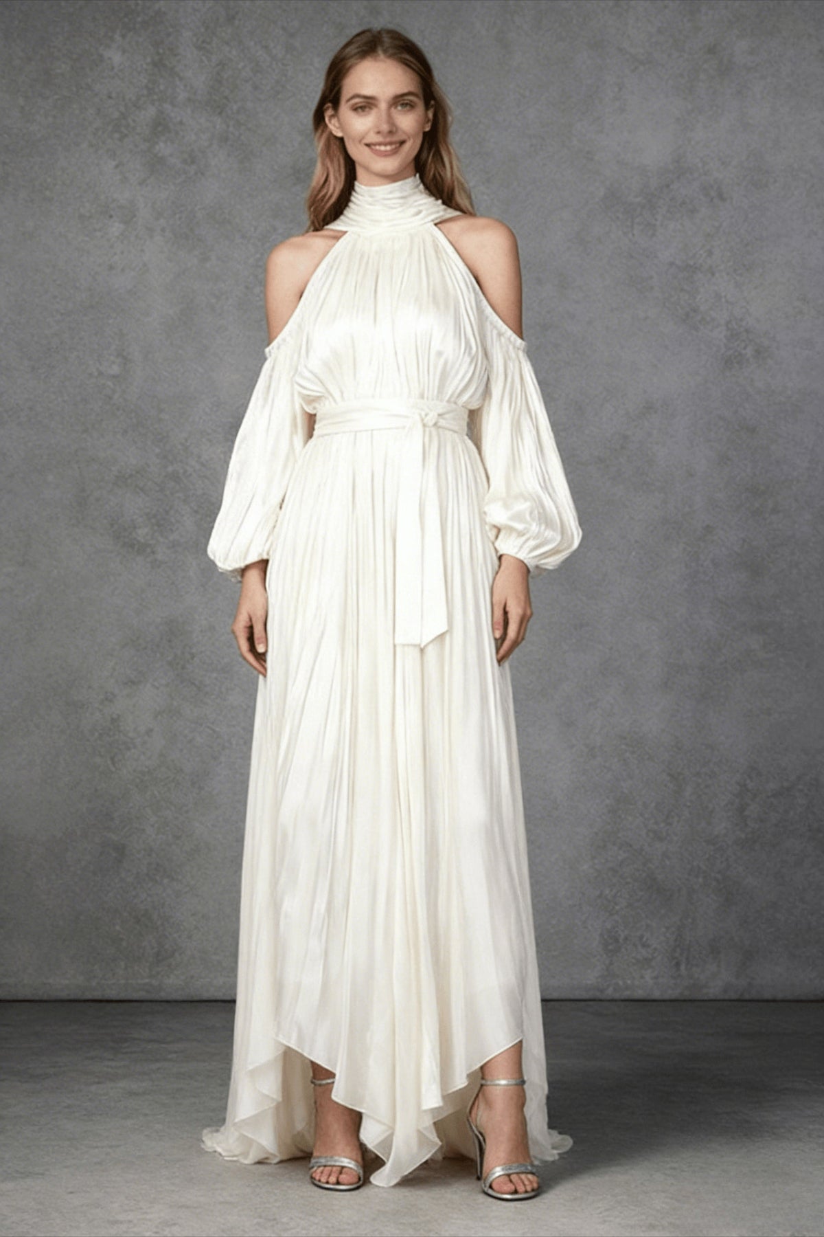 High Neck Cold Shoulder Balloon Sleeve Pleated High Low Maxi Dress