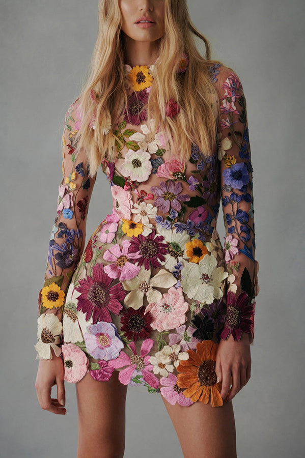 Floral Applique Long Sleeve Sheer Bodycon Mini Dress