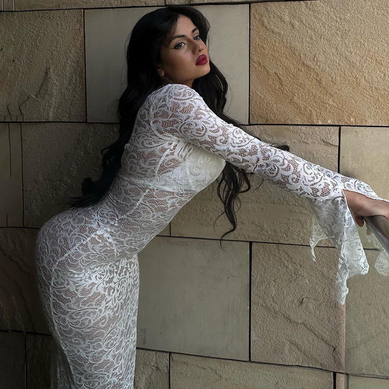 Lace Deep V-Neck Bell Sleeve Mermaid Maxi Gown - View 5