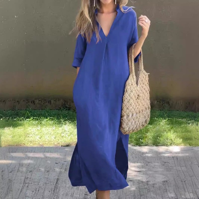 Collared V-Neck Short Sleeve High Split Maxi Dress Summer 7