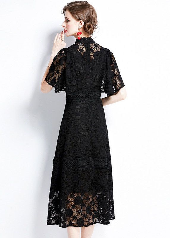 Lace Mock Neck Flutter Sleeve A-Line Midi Dress - View 5