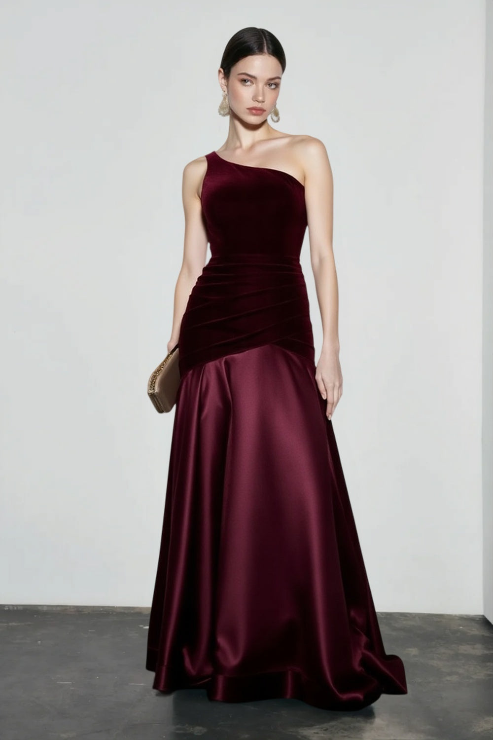 One Shoulder Ruched Velvet Satin Mermaid Gown