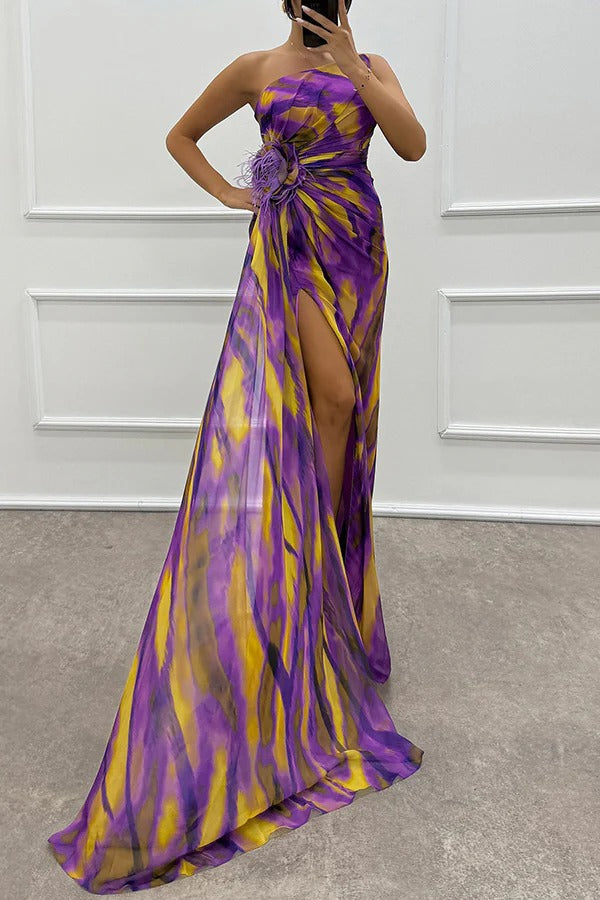 Renee Off Shoulder Watercolor Feather Maxi Dress - View 5