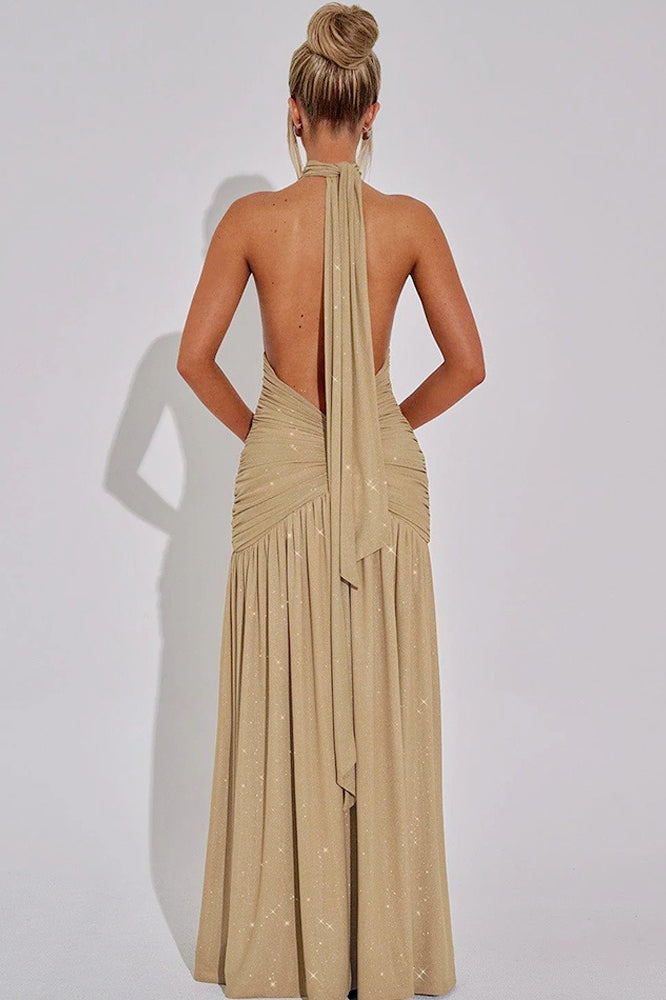 Glitter Halter Neck Plunge Ruched High Split Maxi Dress - View 3