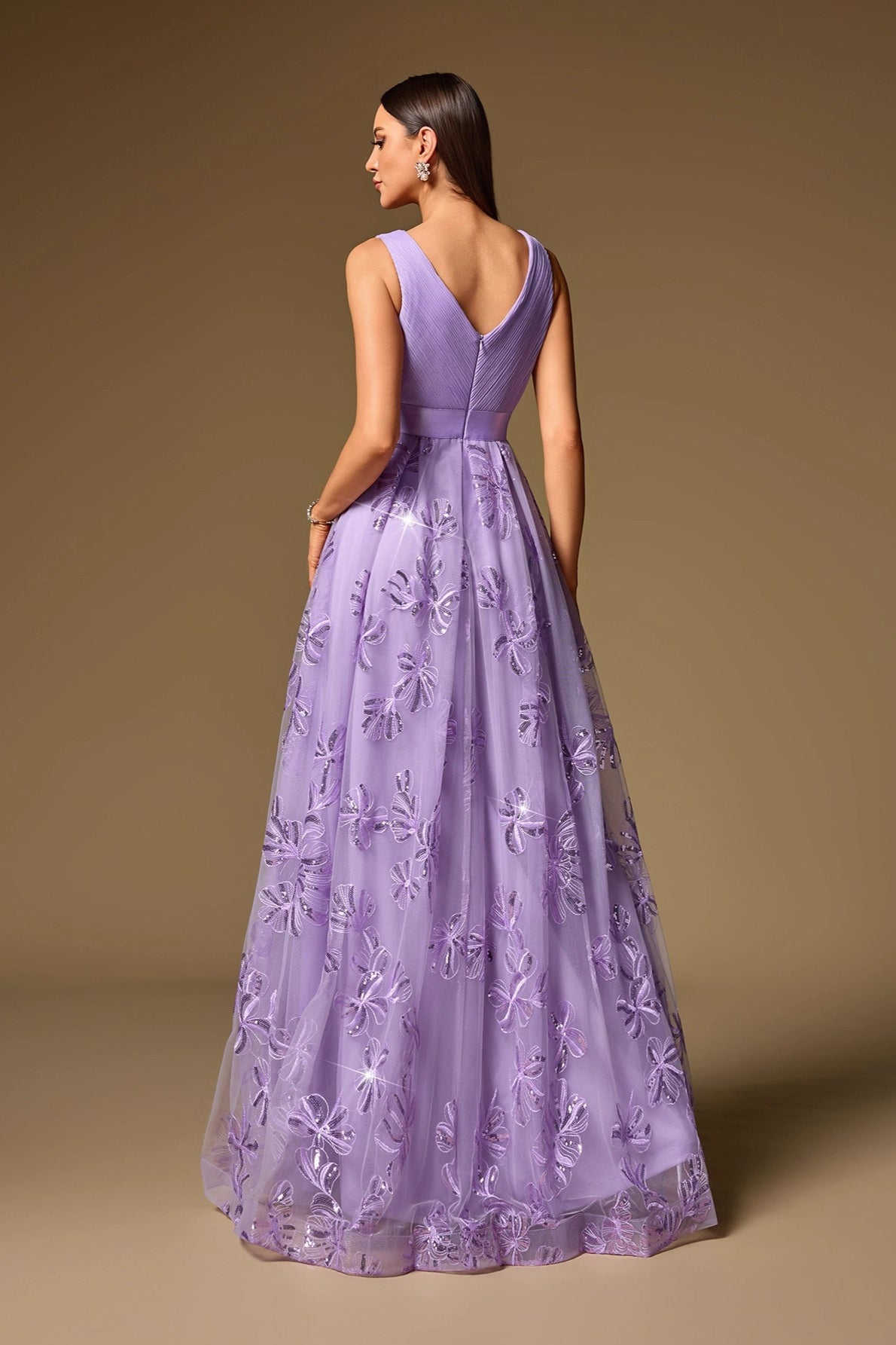 Floral Sequin V-Neck Ruched Tulle A-Line Gown - View 3