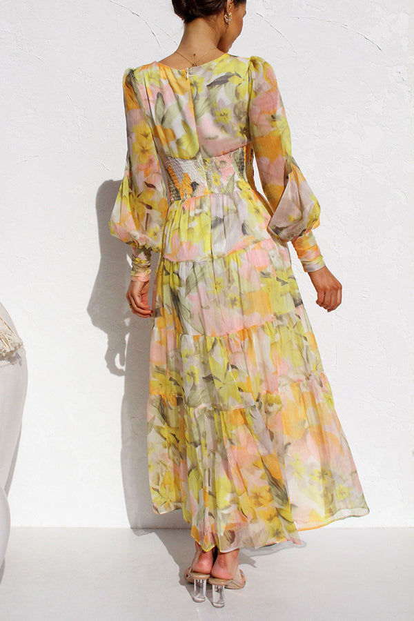 Abstract Floral Print Deep V-Neck Bishop Sleeve Tiered Maxi Dress - View 8