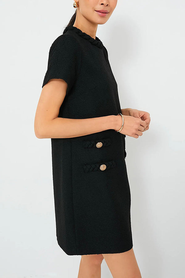 Tweed Braided Trim Faux Pocket Metallic Button Shift Mini Dress - View 13