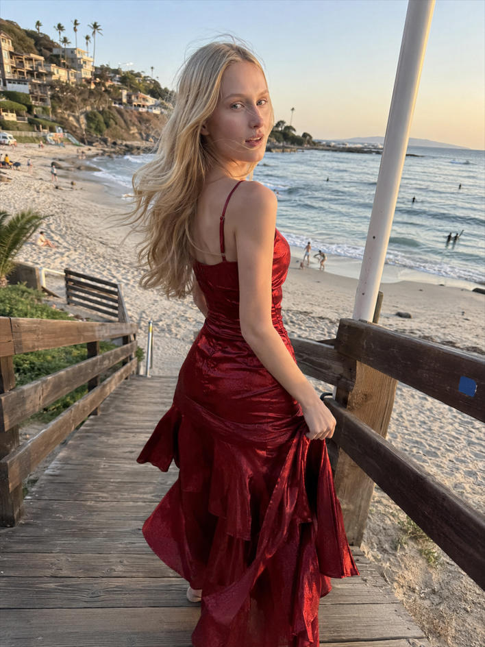 Satin Strappy Ruffle Tiered Mermaid Maxi Dress