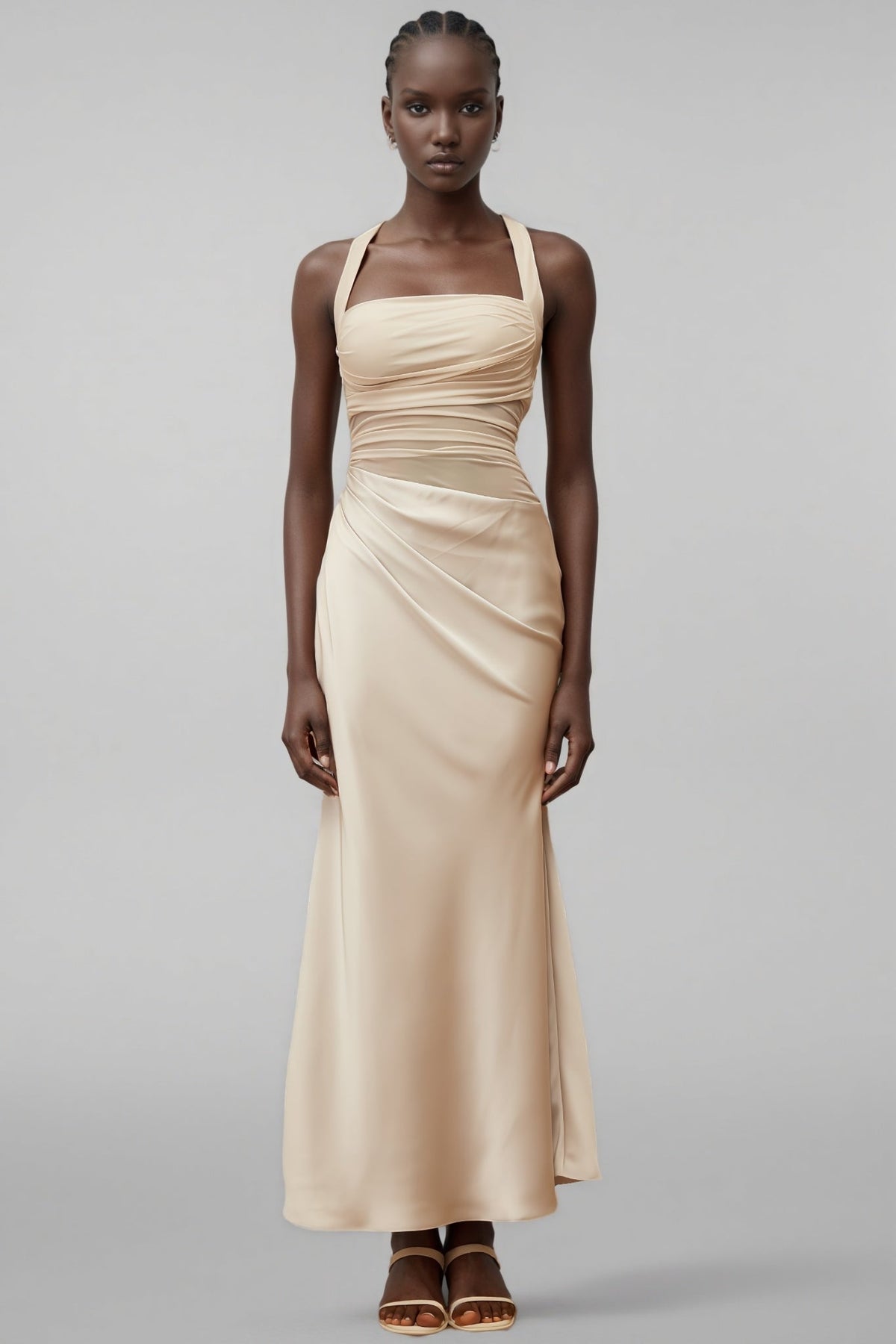 Freja Grey Mesh Panel Ruched Maxi Dress - View 3