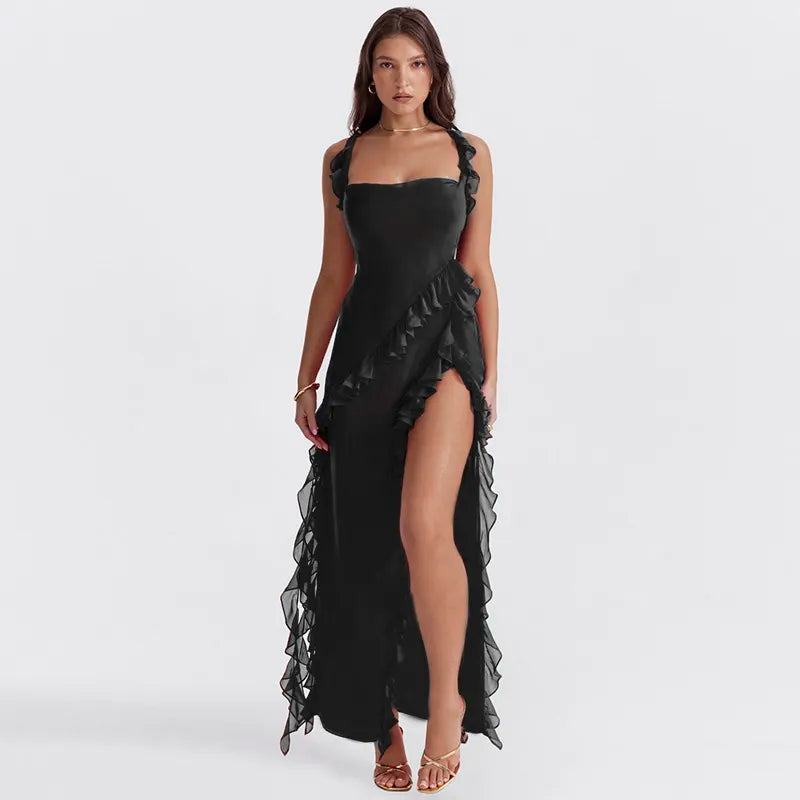 Chiffon Square Neck Ruffle Strap High Split Maxi Gown 69