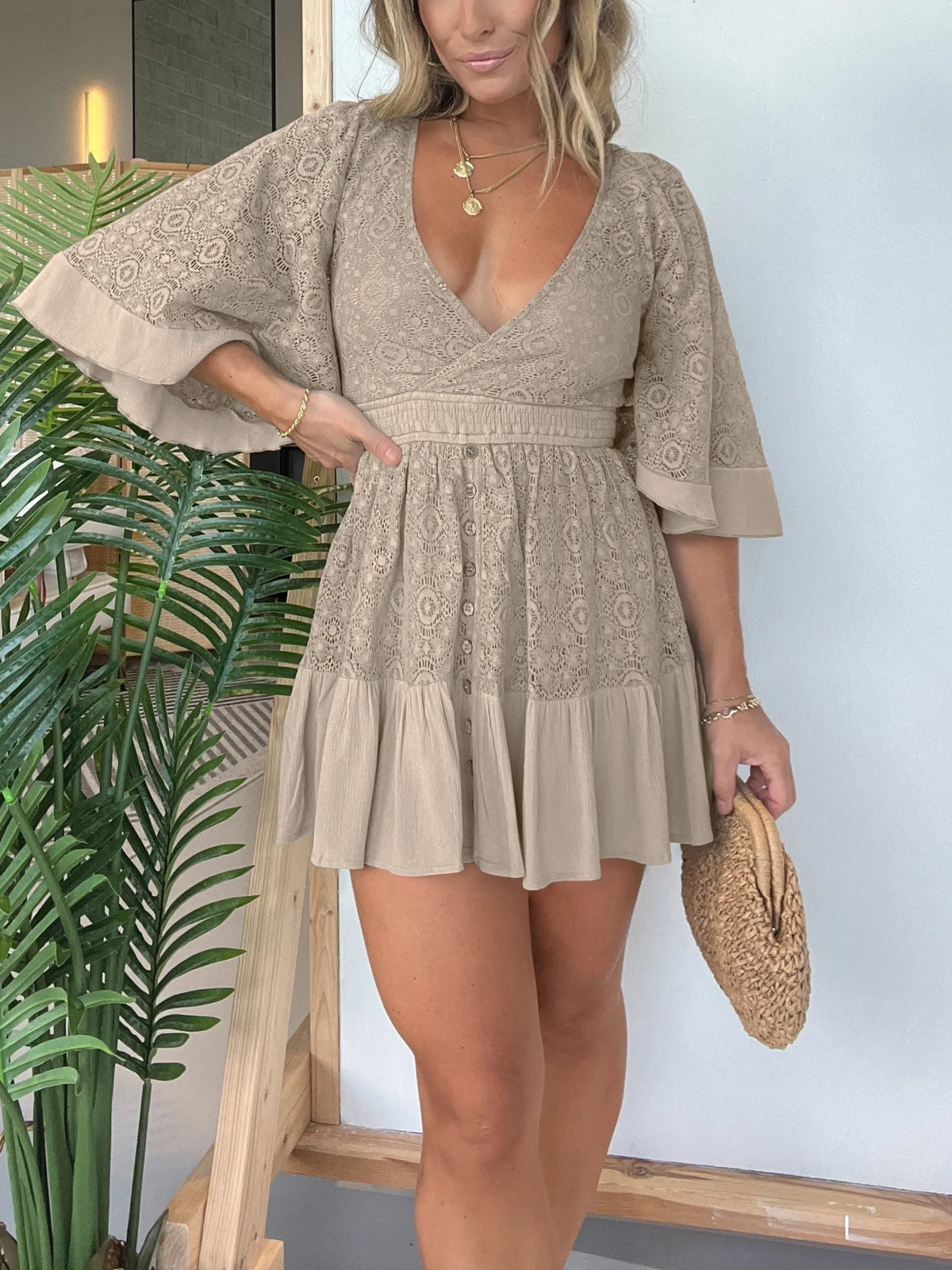 Lace Wrap V-Neck Smocked Waist Button Front Ruffle Mini Dress - View 9