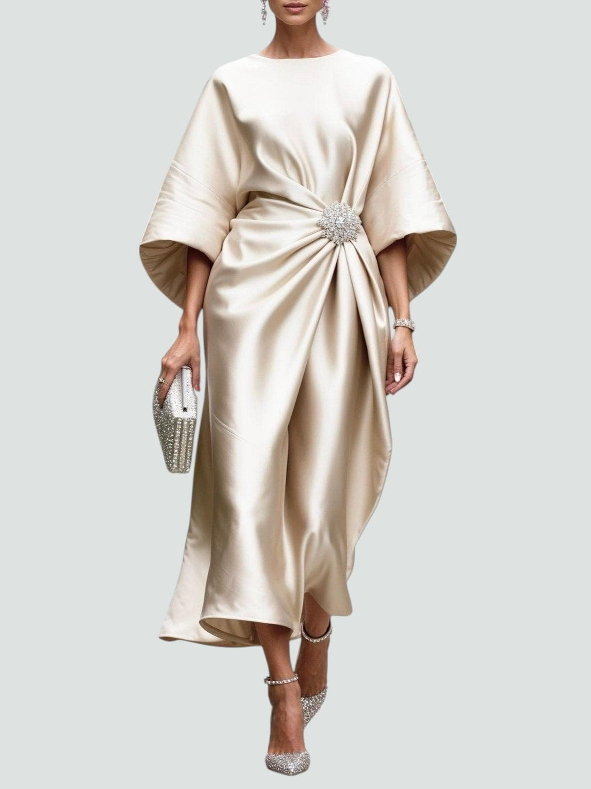 Boat Neck Batwing Ruched Satin Midi Dress 7