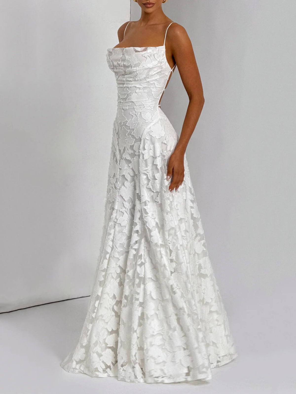 Floral Jacquard Spaghetti Strap Square Neck Ruffle Hem Maxi Dress - View 2