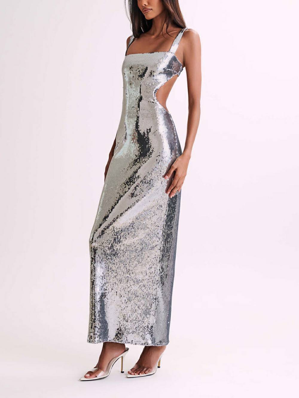 Sequin Cut Out Maxi Dress Silver - View 7