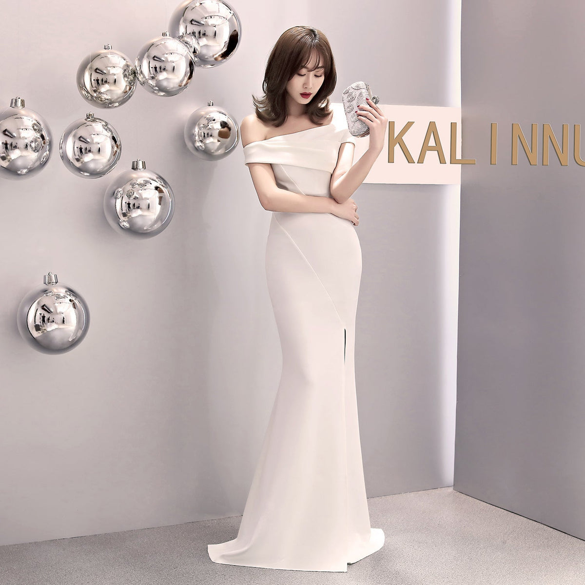 Satin Off Shoulder High Split Mermaid Gown - View 2