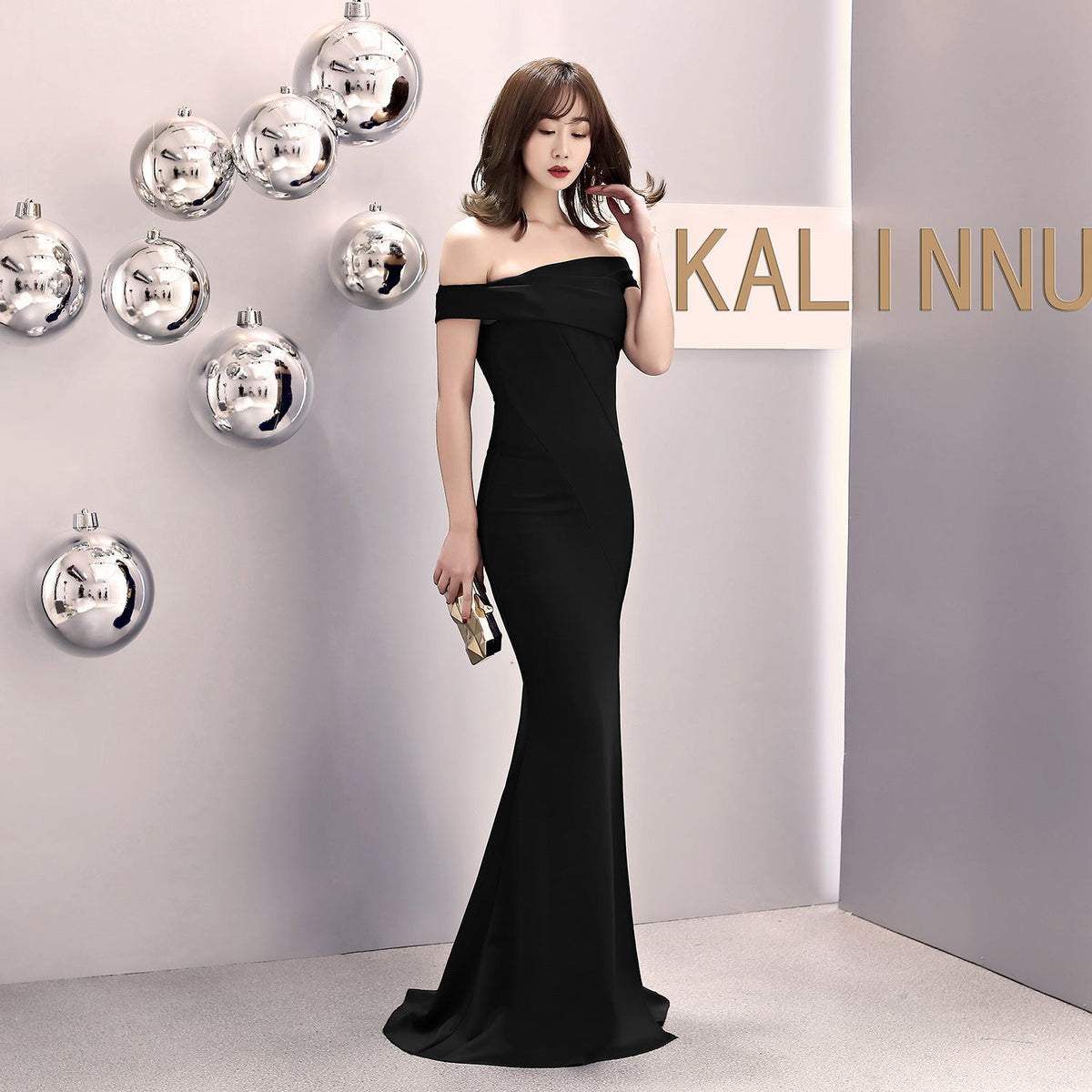 Satin Off Shoulder High Split Mermaid Gown - View 4