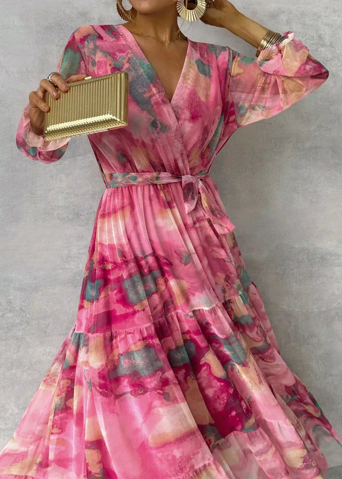 Long Sleeve Wrap Tie Waist Tiered Ruffle Abstract Print Maxi Dress - View 2