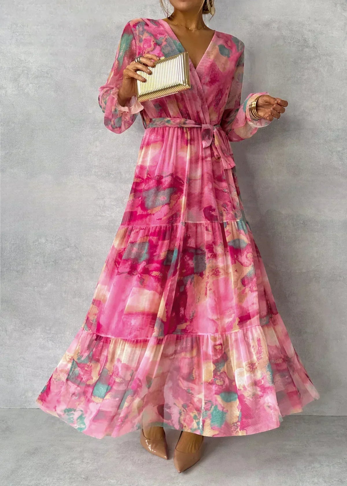 Long Sleeve Wrap Tie Waist Tiered Ruffle Abstract Print Maxi Dress - View 4