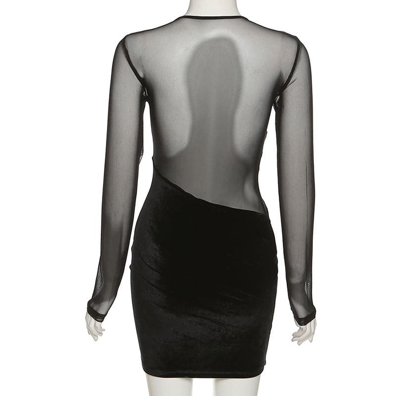 Mesh velvet solid low cut irregular long sleeve mini dress - View 5