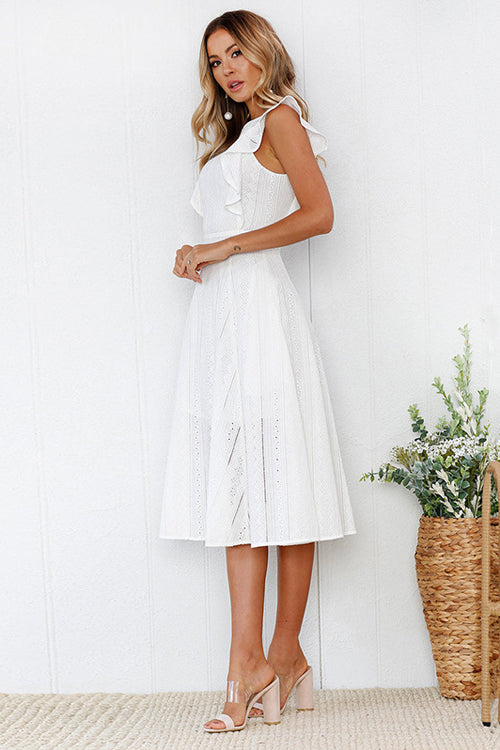 Eyelet Ruffle Sleeve Crew Neck Fit and Flare Midi Dress 5