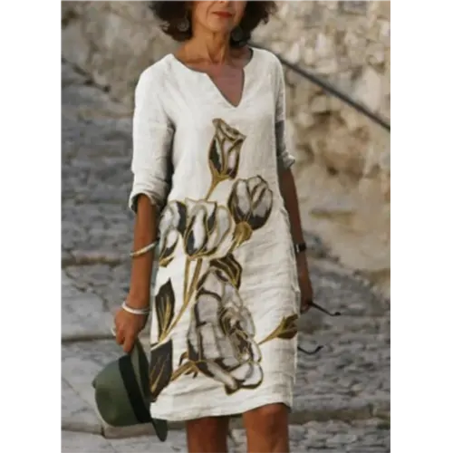 V-Neck Three Quarter Sleeve Relaxed Fit Knee Length Shift Dress - View 9