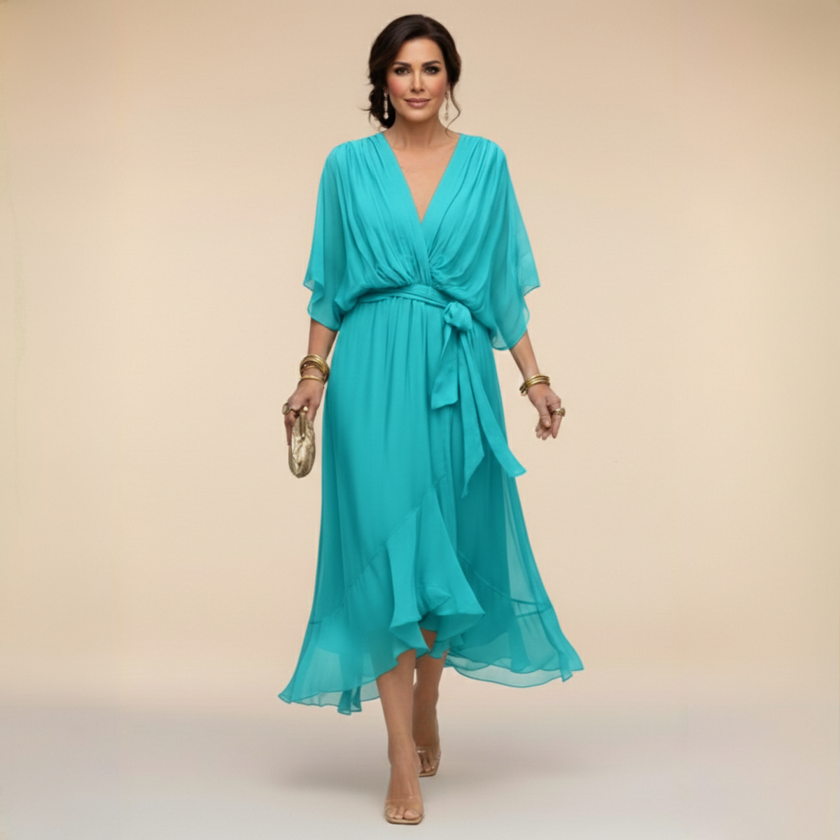 Deep V-Neck Flutter Sleeve Wrap Tie Ruffle Hem Chiffon Midi Dress 7