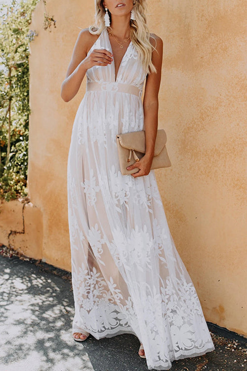 Deep V-Neck Halter Floral Lace Maxi Dress