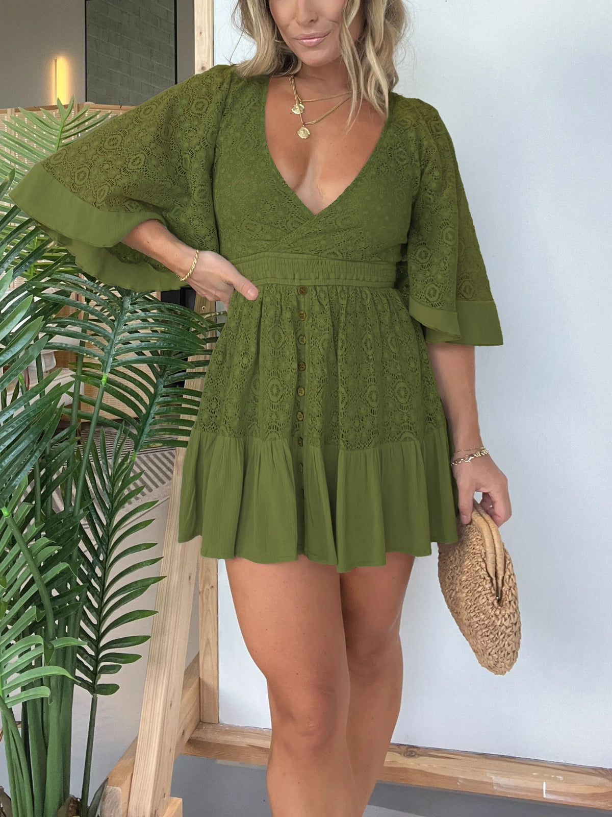 Lace Wrap V-Neck Smocked Waist Button Front Ruffle Mini Dress - View 11