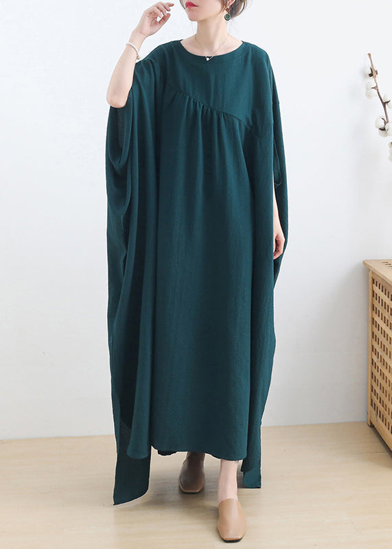Crew Neck Batwing Sleeve Diagonal Seam Gathered Maxi Dress - View 2