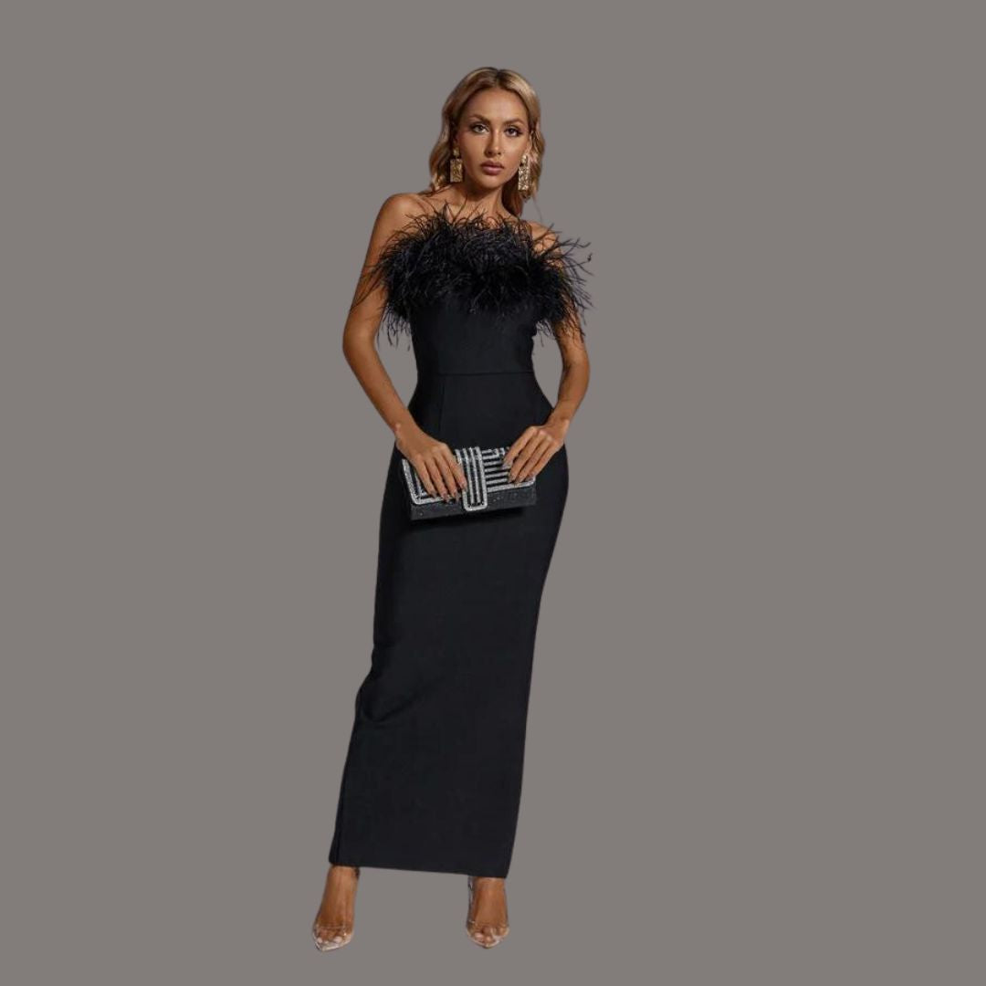 Feather Trim Strapless Bodycon Column Maxi Gown - View 2