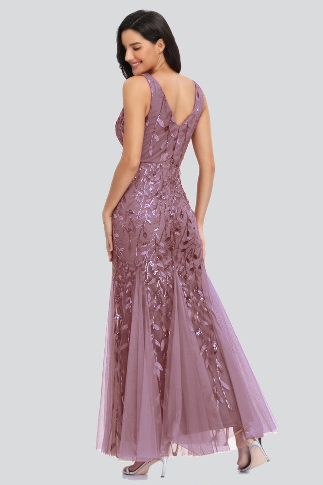 Sequin V-Neck Embroidered Mermaid Maxi Prom Dress - View 3