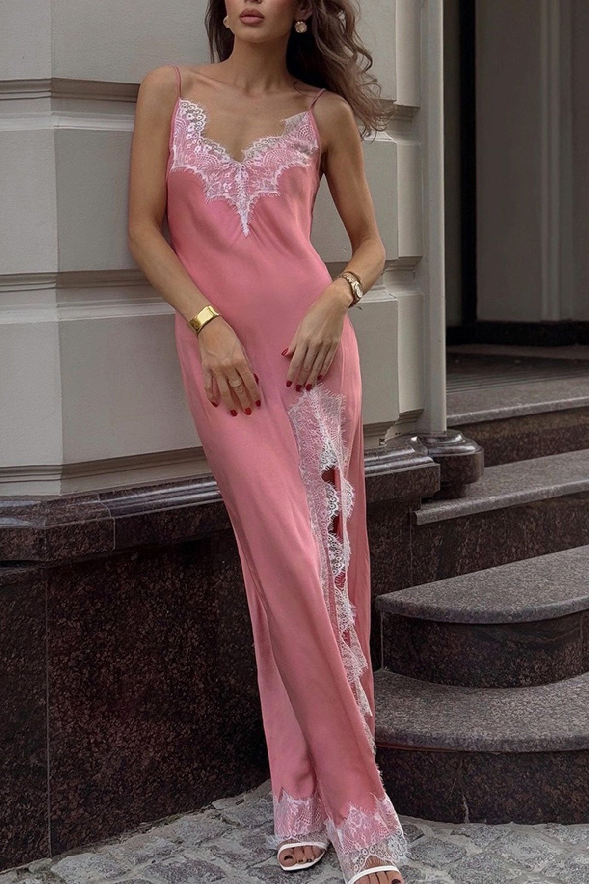 Satin Lace Trim Spaghetti Strap Deep V-Neck High Split Slip Maxi Dress