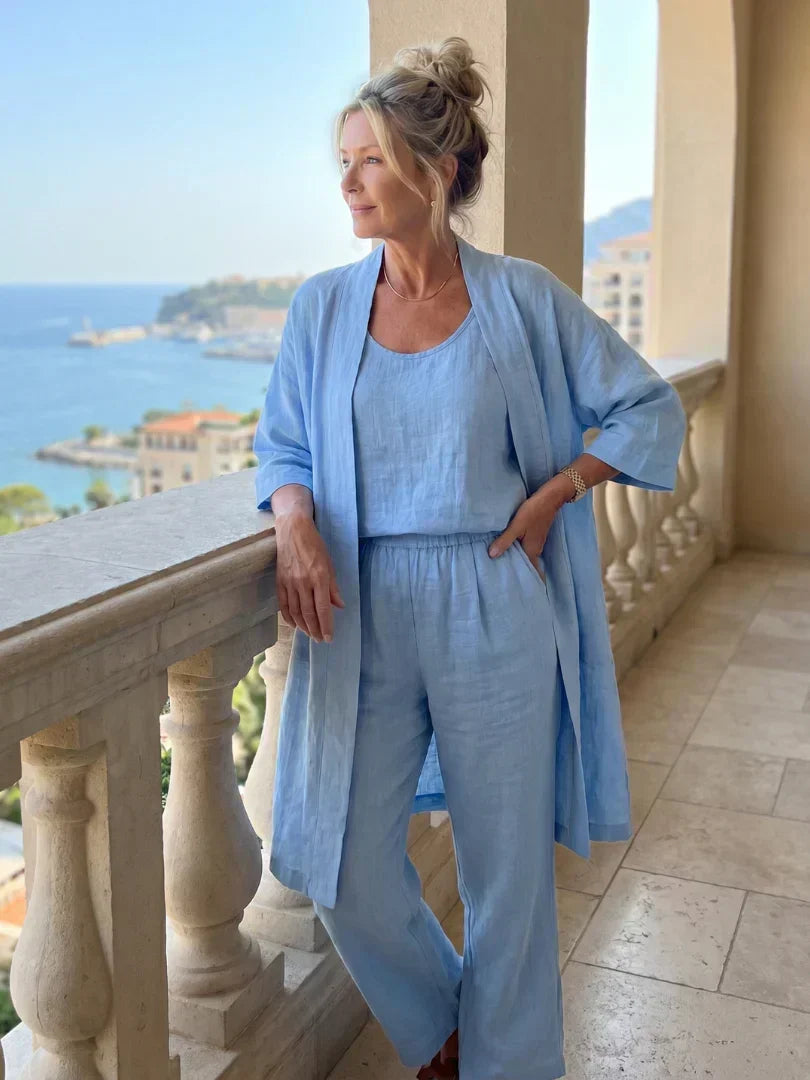 Sleeveless Tank Open Front Kimono and Wide Leg Pants Three Piece Set 2