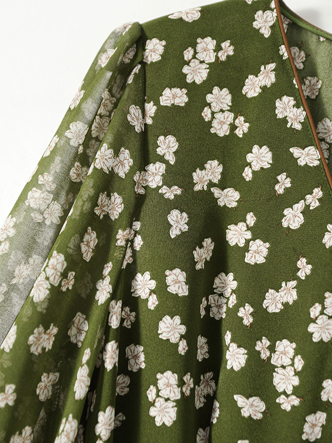Floral Print Wrap V-Neck Puff Sleeve Tie Waist Dress - View 13