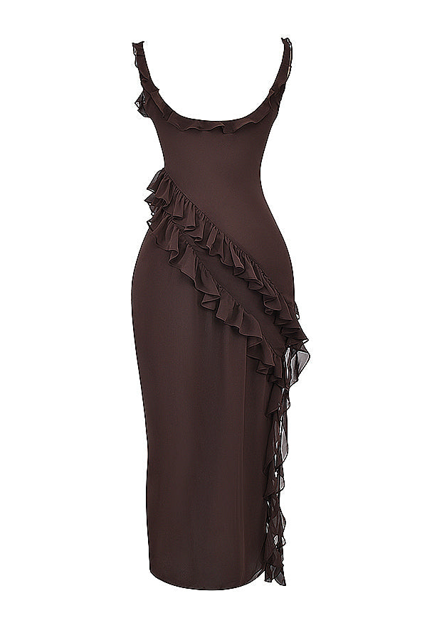 Square Neck Ruffle Strap High Split Ruffle Trim Maxi Gown 36