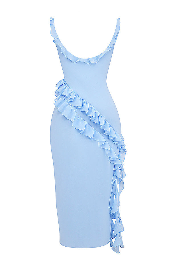 Square Neck Ruffle Strap High Split Ruffle Trim Maxi Gown 51