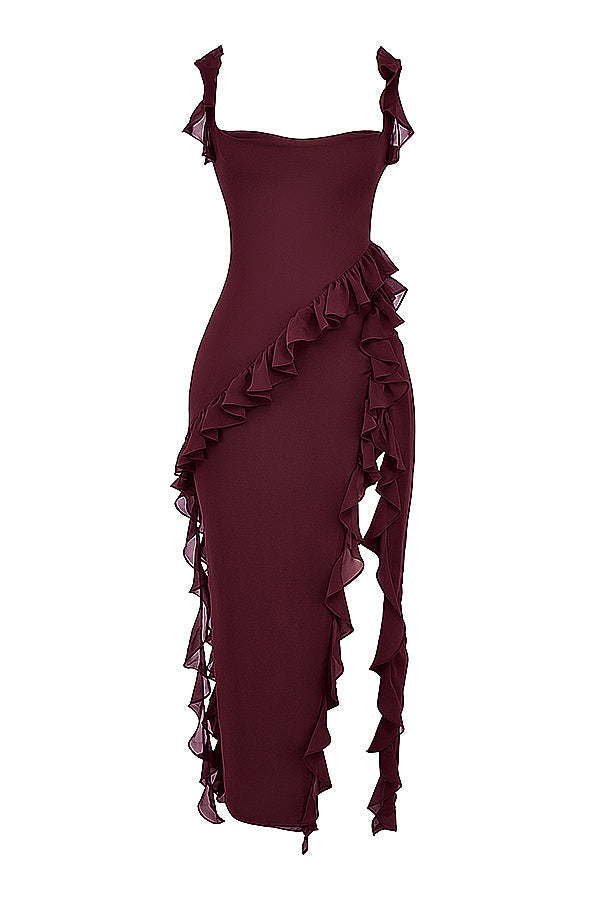 Square Neck Ruffle Strap High Split Ruffle Trim Maxi Gown - View 19