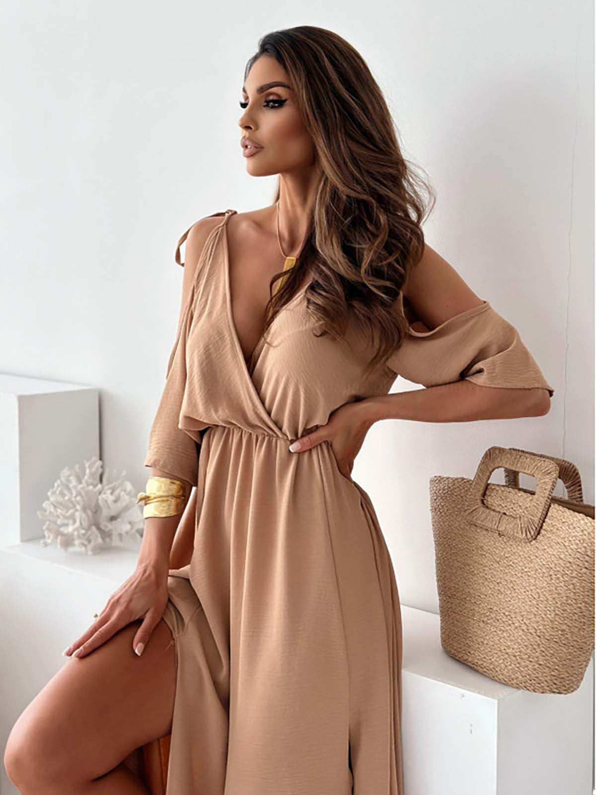 Cold Shoulder Deep V-Neck Wrap Tie Shoulder High Split Maxi Dress - View 9