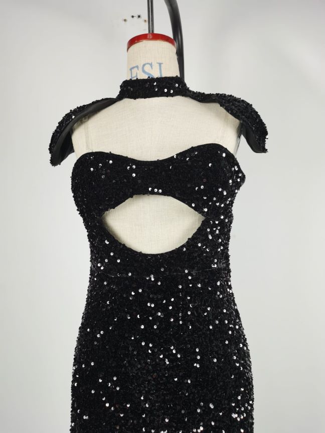 Sequin Strapless Choker Cut Out High Split Mermaid Gown - View 6