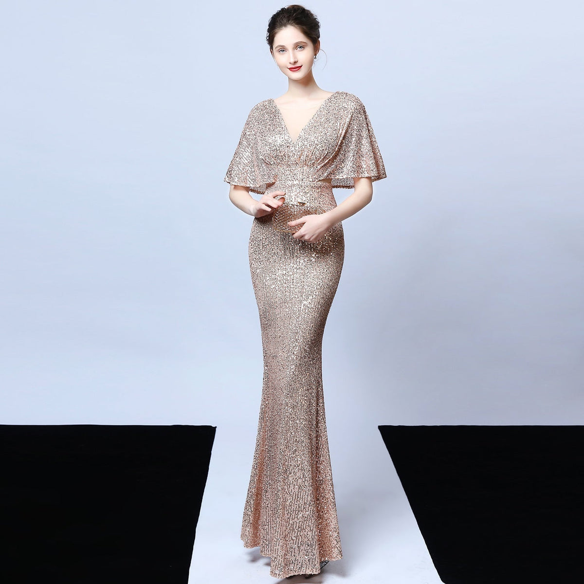 Sequin Round Neck Flutter Sleeve Mesh Yoke Mermaid Maxi Gown 8