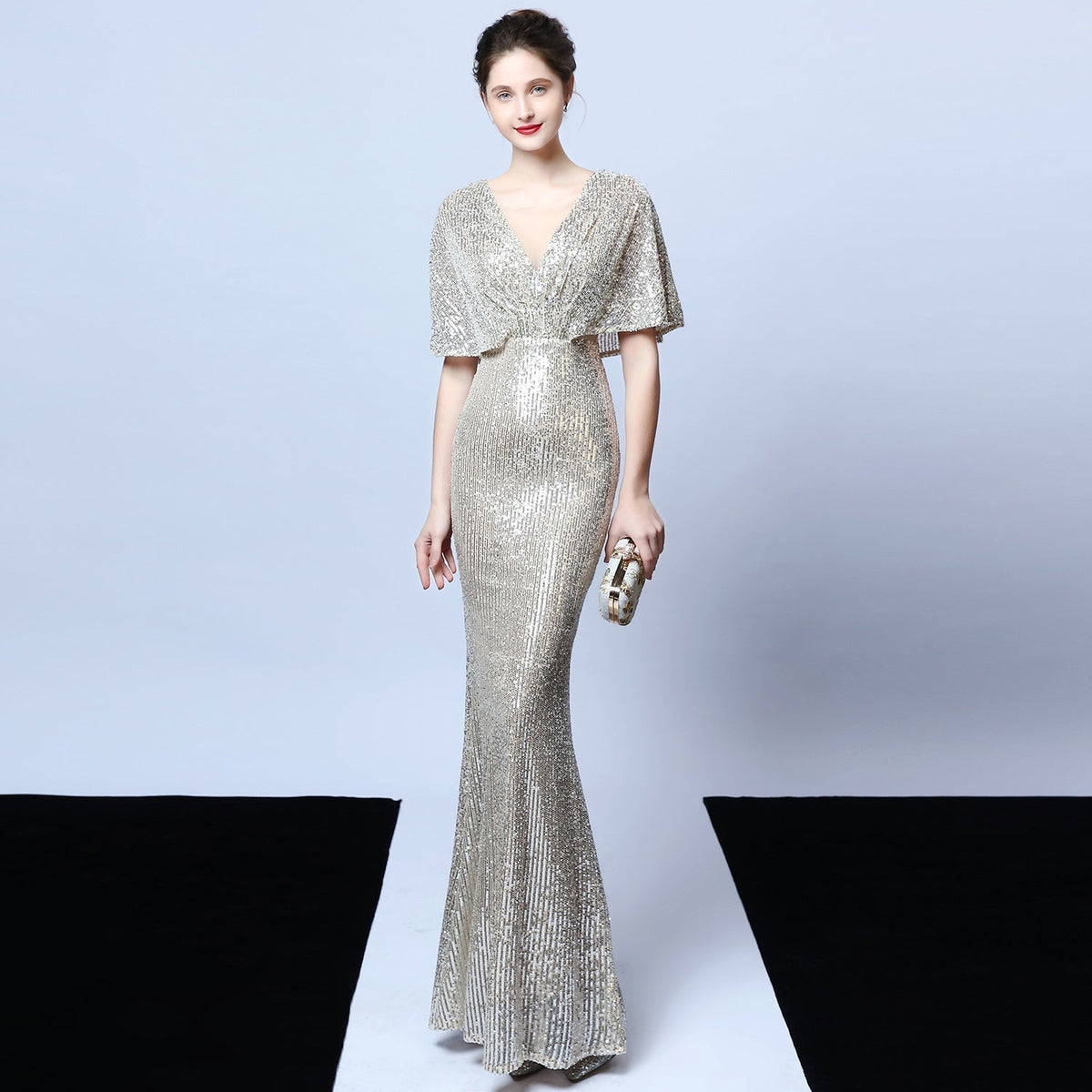 Sequin Round Neck Flutter Sleeve Mesh Yoke Mermaid Maxi Gown 13